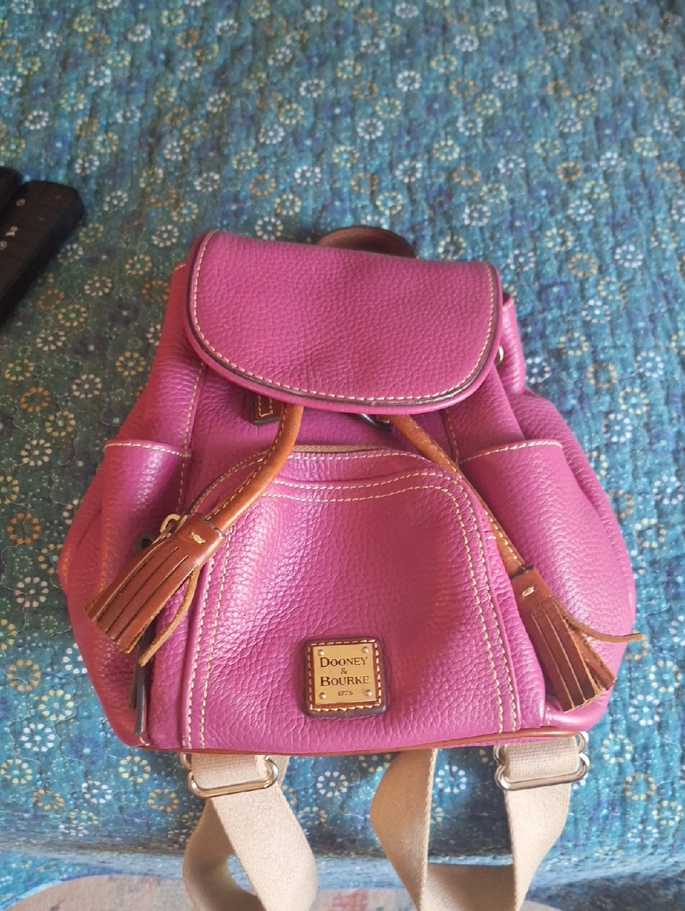 Dooney & Bourke Fuchsia Pebble Leather Mini Backpack with Tan Trim